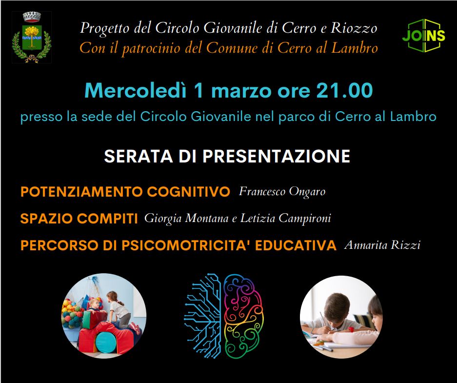 Serata di presentazione PERCORSO PSICOMOTRICITA' - POTENZIAMENTO COGNITIVO - SPAZIO COMPITI 